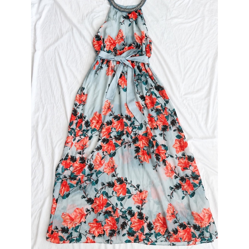 Adrianna Papell Blue Floral Halter Maxi Dress Beaded Neckline Size 14